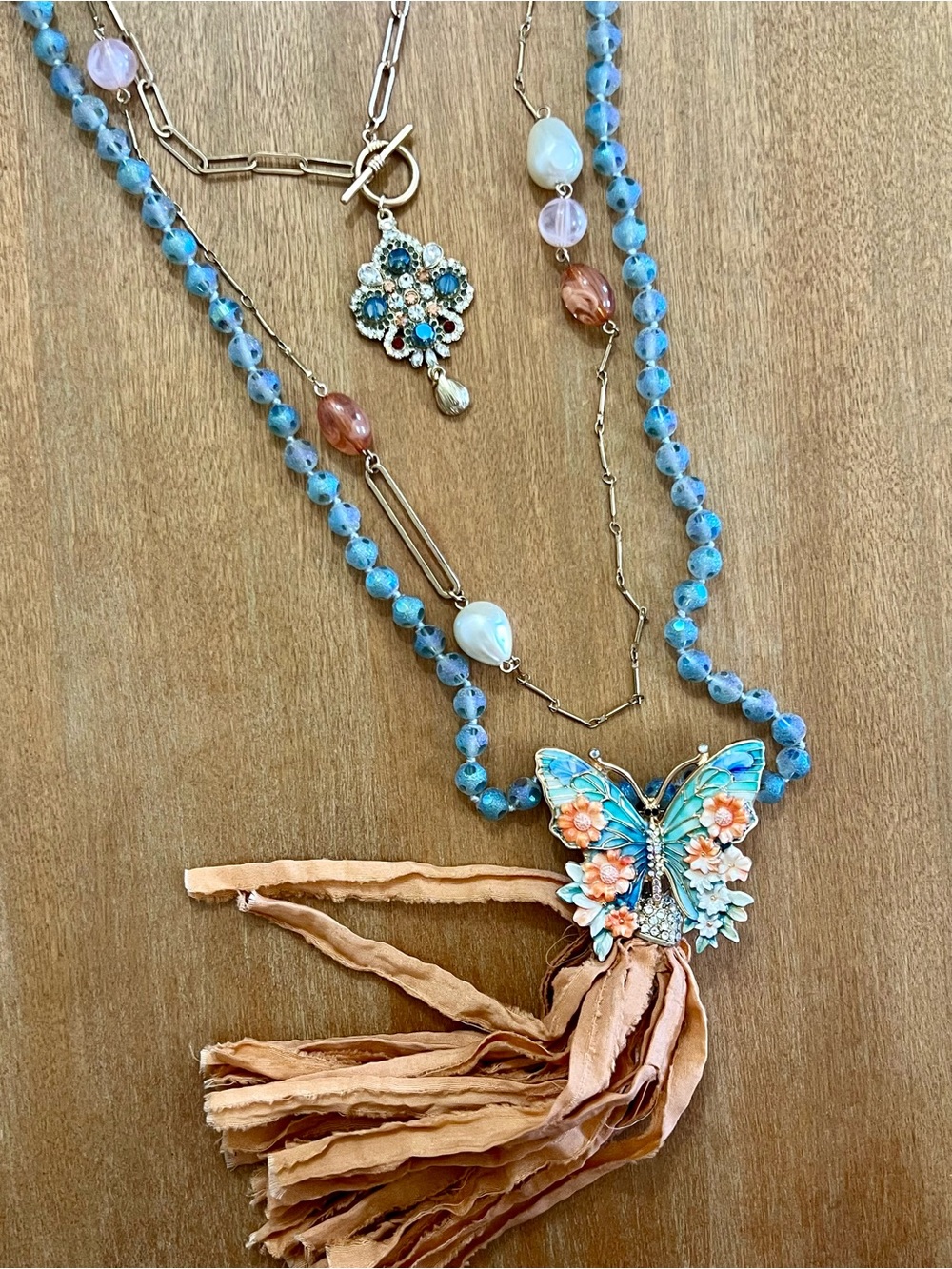 Blue and Peach Butterfly Pendant Beaded Layering Necklaces - Women Jewelry